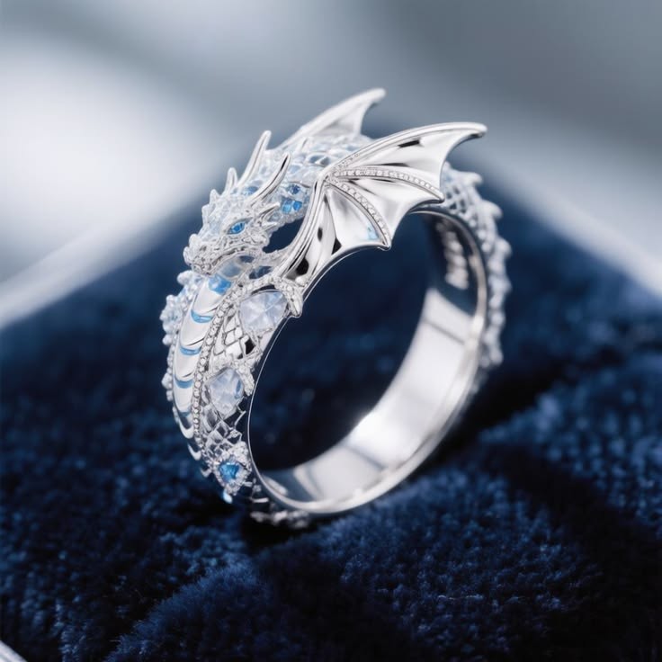 Anillo Dragón de Escarcha sobre terciopelo azul noche